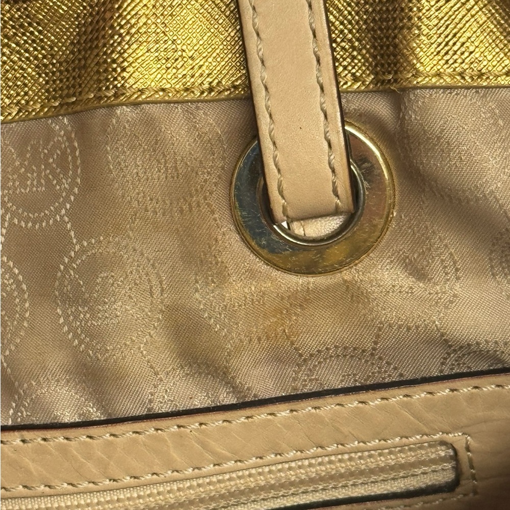 Michael Kors Jet Set East West Signature Gold Metallic Tote Purse Shoulder Bag - Picture 13 of 16